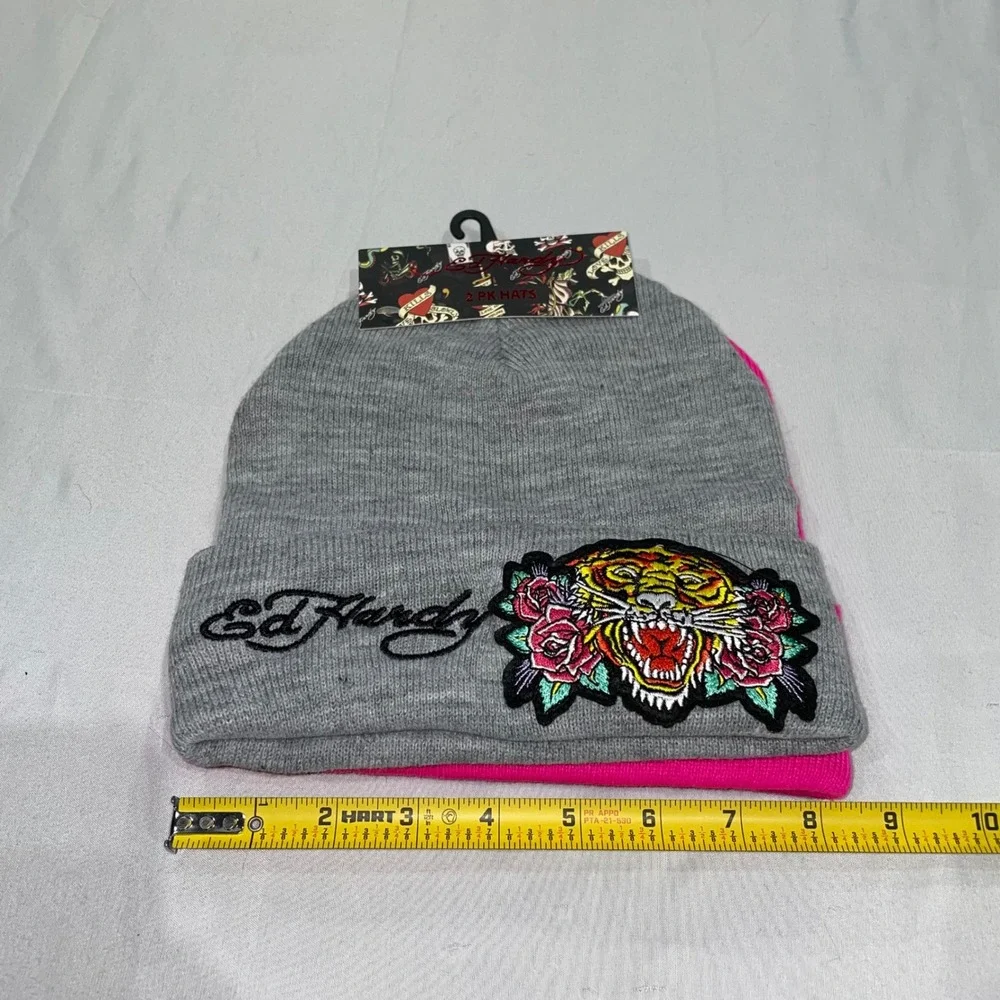 Ed Hardy 2 Pack Beanies Grey Tiger Pink Love Kills Slowly Rhinestone